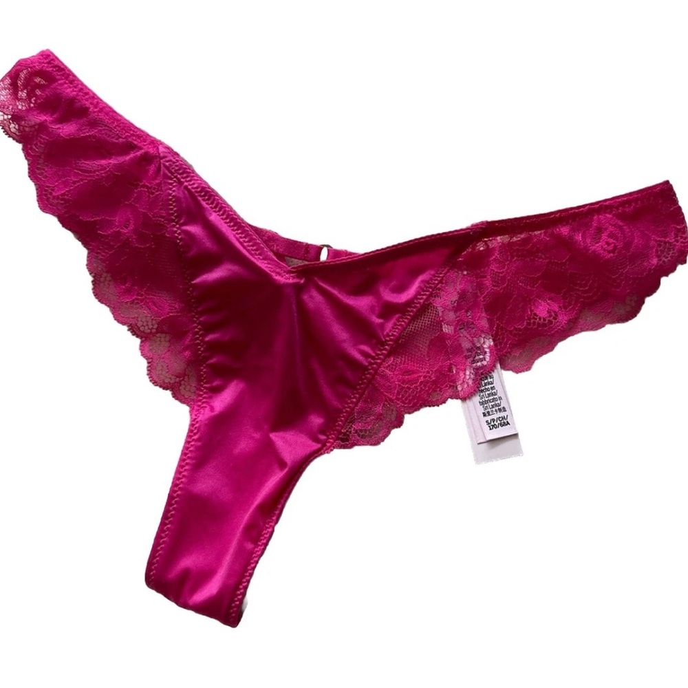 Victoria’s Secret High Leg Hot Pink Lace-Trim Satin Thong Panty